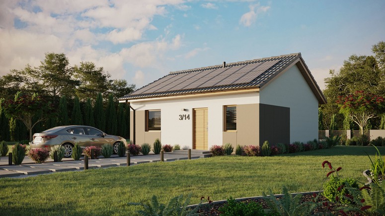 ERDOL 1 - Version Links (Wohnzimmer auf der linken Seite) - Satteldach ohne ausgebautem Dachboden -Dachneigung  25 Grad - keine Dachfenster - Standard - Styropor, Netz, Kleber - Winchester - Photovoltaik-Installation 6,4 kWp (16 Paneele)