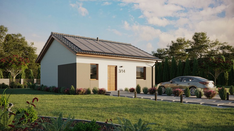ERDOL 1 - Version Rechts (Wohnzimmer auf der rechten Seite) - Satteldach ohne ausgebautem Dachboden -Dachneigung  25 Grad - keine Dachfenster - Standard - Styropor, Netz, Kleber - Goldene Eiche - Photovoltaik-Installation 6,4 kWp (16 Paneele)