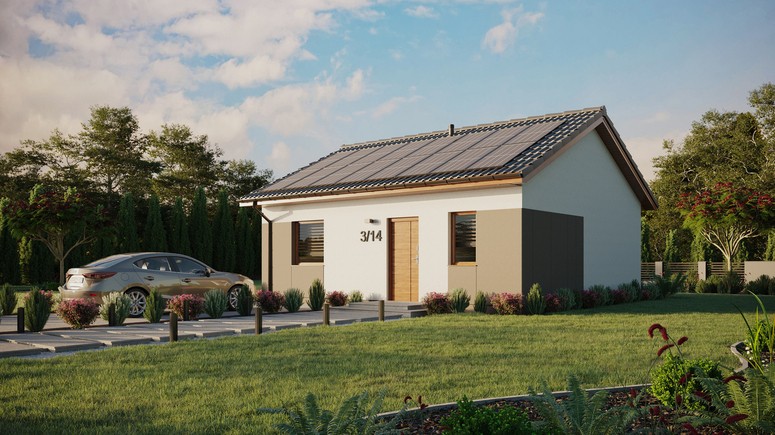 ERDOL 1 - Version Links (Wohnzimmer auf der linken Seite) - Satteldach ohne ausgebautem Dachboden -Dachneigung  25 Grad - keine Dachfenster - Standard - Styropor, Netz, Kleber - Goldene Eiche - Photovoltaik-Installation 6,4 kWp (16 Paneele)